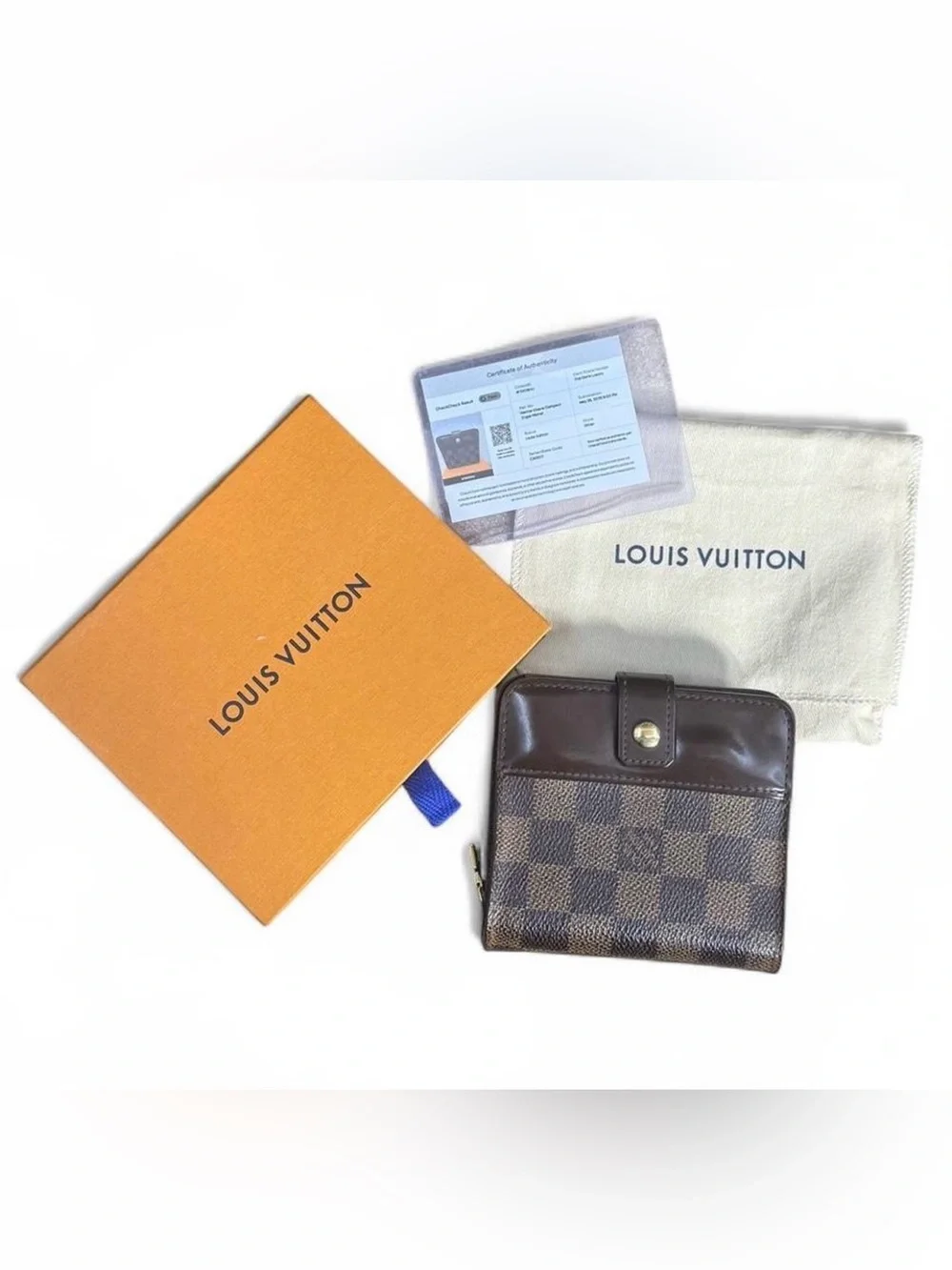 Louis Vuitton Damier Ebene Compact Wallet Brown Leather Snap Zipper Box Dust Bag